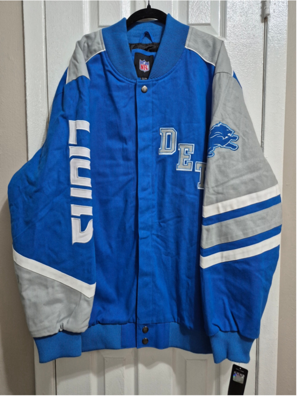 Men's NFL Detroit Lions Varsity Bomber Jacket Blue Grey 3XL